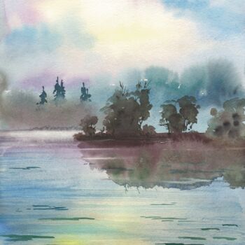 Painting titled "Small island and fo…" by Eugene Popov, Original Artwork, Watercolor