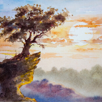 Painting titled "The tree on a rock…" by Eugene Popov, Original Artwork, Watercolor