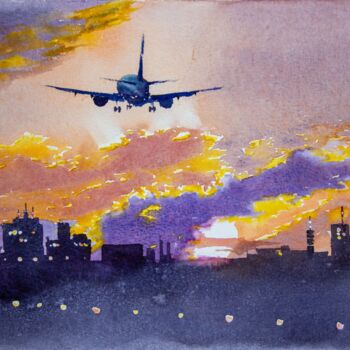 Painting titled "The plane took off…" by Eugene Popov, Original Artwork, Watercolor