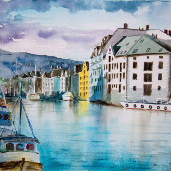 Painting titled "The bay in Aalesund…" by Eugene Popov, Original Artwork, Watercolor