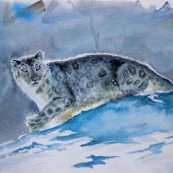 Schilderij getiteld "The snow leopard or…" door Eugene Popov, Origineel Kunstwerk, Aquarel