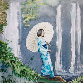 Peinture intitulée "Japanese girl posin…" par Eugene Popov, Œuvre d'art originale, Aquarelle