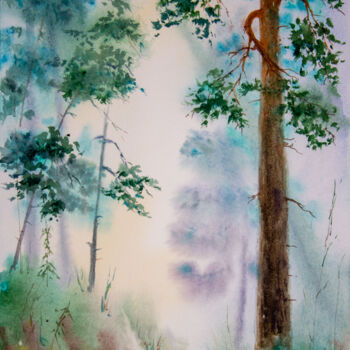 Schilderij getiteld "Forest in the mist" door Eugene Popov, Origineel Kunstwerk, Aquarel