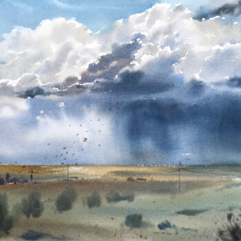 Pittura intitolato "Field and sky" da Eugenia Gorbacheva, Opera d'arte originale, Acquarello