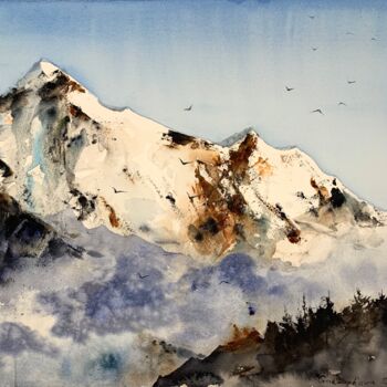 Painting titled "Snowy Mountains #2" by Eugenia Gorbacheva, Original Artwork, Watercolor