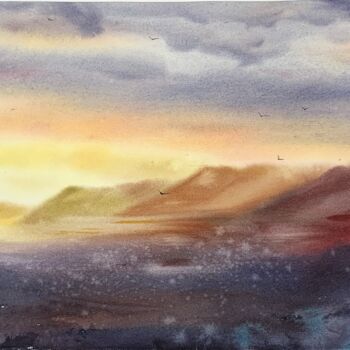 Painting titled "Sunset in the mount…" by Eugenia Gorbacheva, Original Artwork, Watercolor