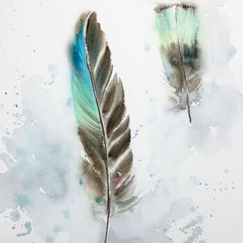 Pittura intitolato "Feathers #4" da Eugenia Gorbacheva, Opera d'arte originale, Acquarello