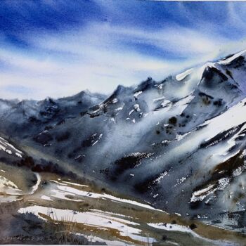 Painting titled "Snowy Mountains #6" by Eugenia Gorbacheva, Original Artwork, Watercolor