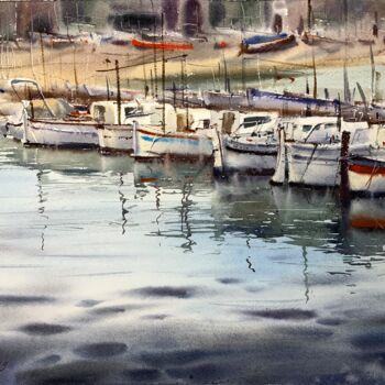 Pintura intitulada "Boats at the pier #2" por Eugenia Gorbacheva, Obras de arte originais, Aquarela
