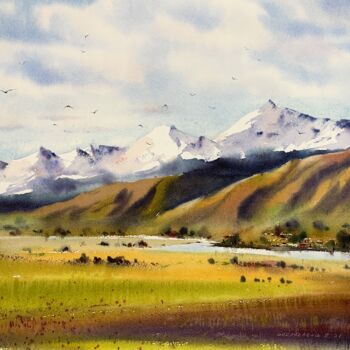 Pintura intitulada "Mountainscape #23" por Eugenia Gorbacheva, Obras de arte originais, Aquarela
