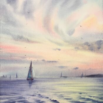 Painting titled "Yachts at sea #2" by Eugenia Gorbacheva, Original Artwork, Watercolor