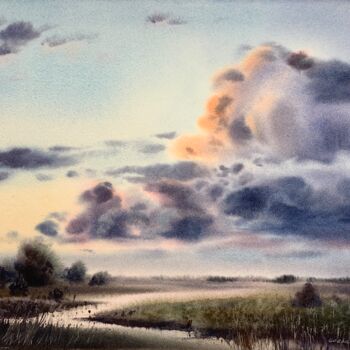 Painting titled "Clouds over the riv…" by Eugenia Gorbacheva, Original Artwork, Watercolor