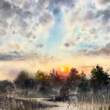 Картина под названием "Sunrise in the vill…" - Eugenia Gorbacheva, Подлинное произведение искусства, Акварель