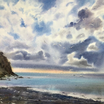 Painting titled "Seagulls over the s…" by Eugenia Gorbacheva, Original Artwork, Watercolor