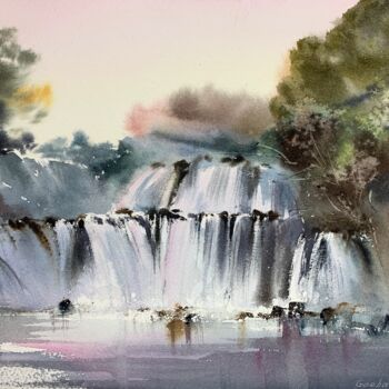 Painting titled "Waterfall #7" by Eugenia Gorbacheva, Original Artwork, Watercolor