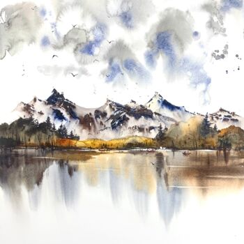Pintura intitulada "Mountain Lake #11" por Eugenia Gorbacheva, Obras de arte originais, Aquarela