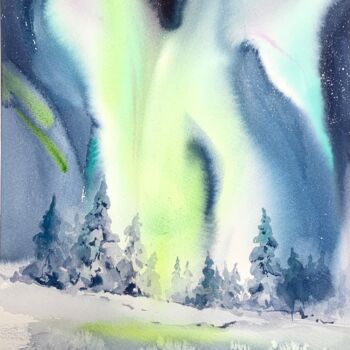 Pittura intitolato "Aurora borealis #24" da Eugenia Gorbacheva, Opera d'arte originale, Acquarello