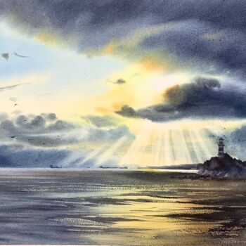 Painting titled "Lighthouse in the s…" by Eugenia Gorbacheva, Original Artwork, Watercolor