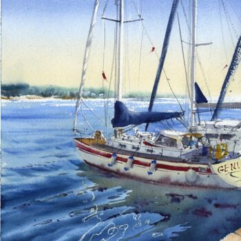 Malerei mit dem Titel "YACHTS AT ANCHOR #10" von Eugenia Gorbacheva, Original-Kunstwerk, Aquarell