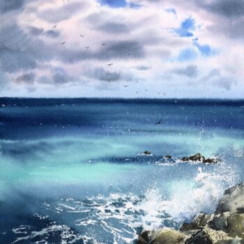 Painting titled "Waves and stones #4" by Eugenia Gorbacheva, Original Artwork, Watercolor