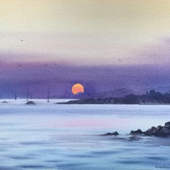 Painting titled "SUNSET ON THE SEA." by Eugenia Gorbacheva, Original Artwork, Watercolor