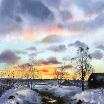 Painting titled "ORANGE SUNSET #5" by Eugenia Gorbacheva, Original Artwork, Watercolor