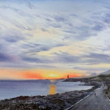 Painting titled "SUNSET ON THE SEA.…" by Eugenia Gorbacheva, Original Artwork, Watercolor