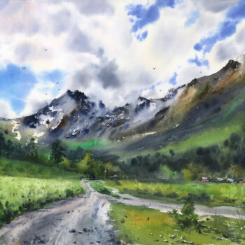 Painting titled "ROAD TO THE MOUNTAI…" by Eugenia Gorbacheva, Original Artwork, Watercolor