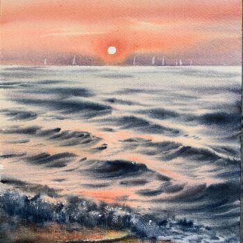 Картина под названием "ORANGE SUNSET #7" - Eugenia Gorbacheva, Подлинное произведение искусства, Акварель