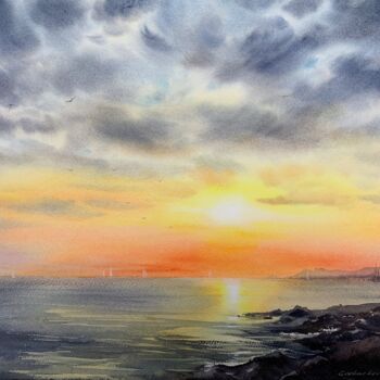 Ζωγραφική με τίτλο "SUNSET ON THE SEA.…" από Eugenia Gorbacheva, Αυθεντικά έργα τέχνης, Ακουαρέλα