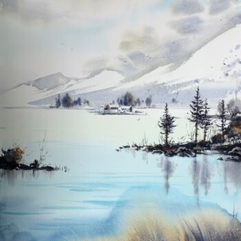 Pintura intitulada "BLUE LAKE IN THE MO…" por Eugenia Gorbacheva, Obras de arte originais, Aquarela