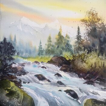 Peinture intitulée "MOUNTAIN RIVER #31" par Eugenia Gorbacheva, Œuvre d'art originale, Aquarelle