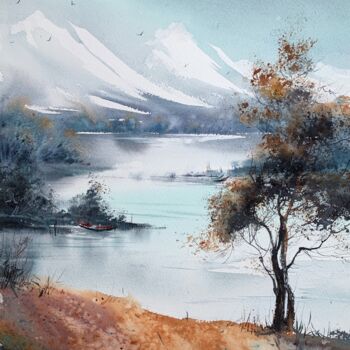 Painting titled "TREE ON THE SHORE O…" by Eugenia Gorbacheva, Original Artwork, Watercolor