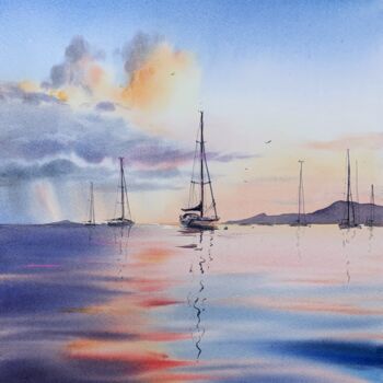 Painting titled "YACHTS AT SUNSET #3" by Eugenia Gorbacheva, Original Artwork, Watercolor