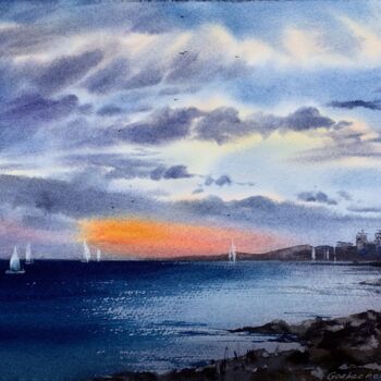 Painting titled "Sunset on the sea #4" by Eugenia Gorbacheva, Original Artwork, Watercolor