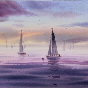 Pittura intitolato "Yachts at sea #7" da Eugenia Gorbacheva, Opera d'arte originale, Acquarello