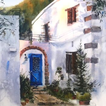 Painting titled "Greek village Sunri…" by Eugenia Gorbacheva, Original Artwork, Watercolor