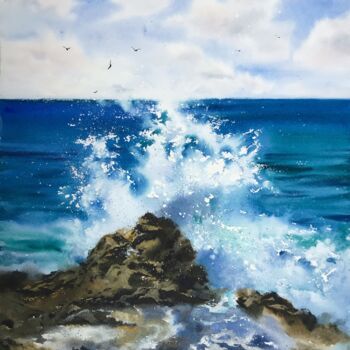 Painting titled "Waves and rocks #11" by Eugenia Gorbacheva, Original Artwork, Watercolor