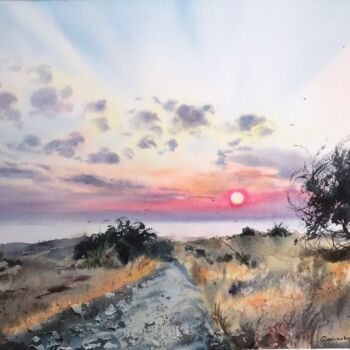 Pintura intitulada "Sunrise on the sea…" por Eugenia Gorbacheva, Obras de arte originais, Aquarela