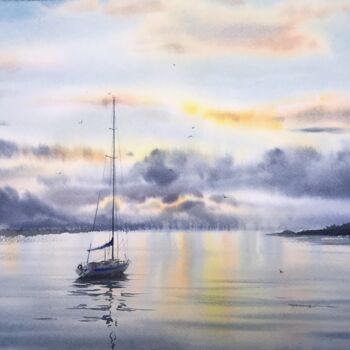 Painting titled "Yachts at sunset #8" by Eugenia Gorbacheva, Original Artwork, Watercolor