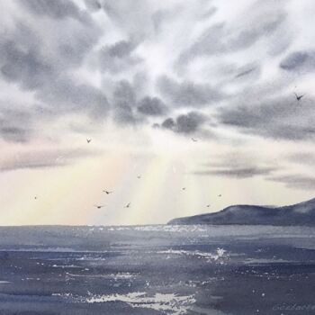 Painting titled "Seagulls over the s…" by Eugenia Gorbacheva, Original Artwork, Watercolor