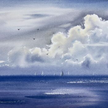 Painting titled "Clouds over the sea" by Eugenia Gorbacheva, Original Artwork, Watercolor