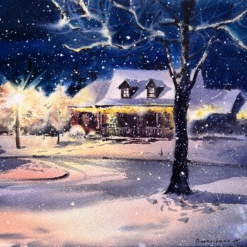 Painting titled "House at night" by Eugenia Gorbacheva, Original Artwork, Watercolor