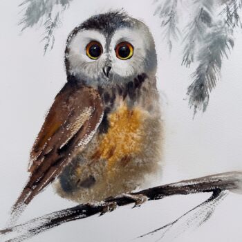 "Little owl on a bra…" başlıklı Tablo Eugenia Gorbacheva tarafından, Orijinal sanat, Suluboya