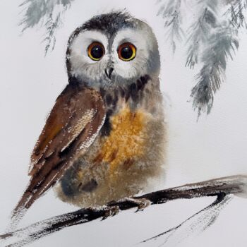 Painting titled "Little owl on a bra…" by Eugenia Gorbacheva, Original Artwork, Watercolor