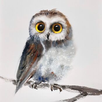 Pittura intitolato "Little owl on a bra…" da Eugenia Gorbacheva, Opera d'arte originale, Acquarello