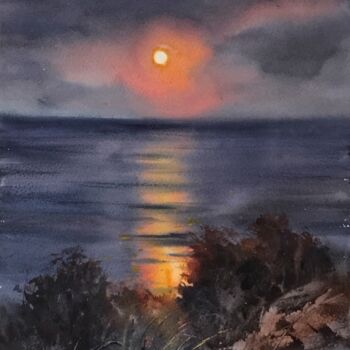 Pintura intitulada "Moon" por Eugenia Gorbacheva, Obras de arte originais, Aquarela