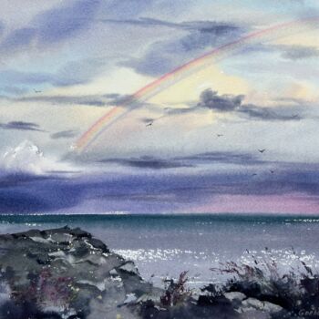 Pintura intitulada "Rainbow over the se…" por Eugenia Gorbacheva, Obras de arte originais, Aquarela