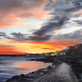 Schilderij getiteld "Sea coast of Cyprus…" door Eugenia Gorbacheva, Origineel Kunstwerk, Aquarel