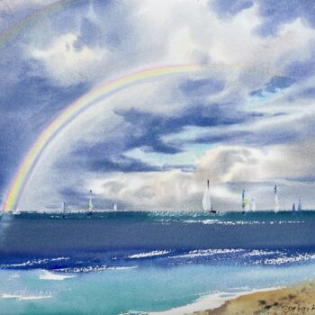Painting titled "Rainbow over the se…" by Eugenia Gorbacheva, Original Artwork, Watercolor